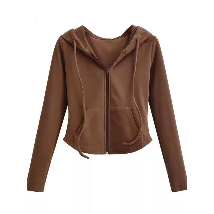 Drawstring Zip-Up Slim Fit Hoodie Apparel and Accessories