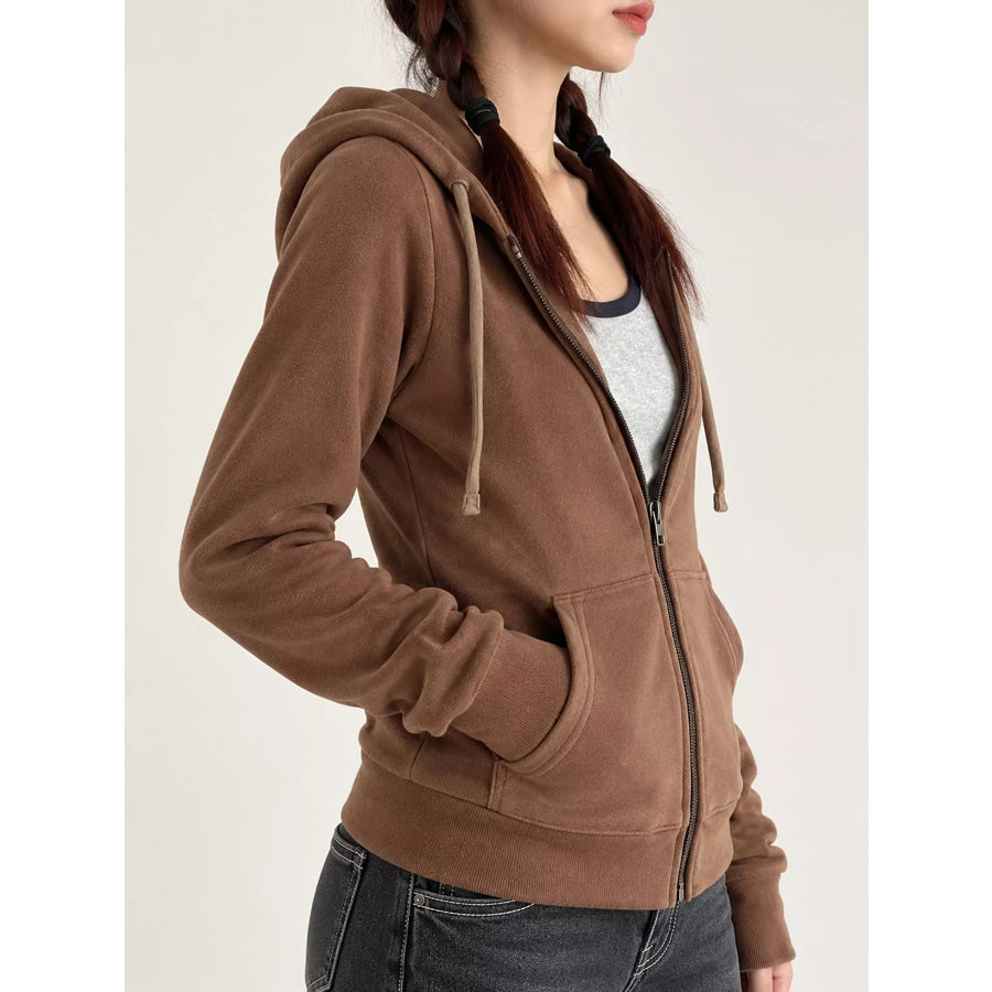 Drawstring Zip-Up Slim Fit Hoodie Apparel and Accessories