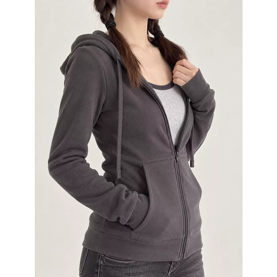 Drawstring Zip-Up Slim Fit Hoodie Apparel and Accessories