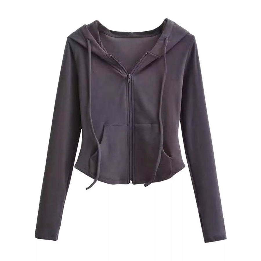 Drawstring Zip-Up Slim Fit Hoodie Apparel and Accessories