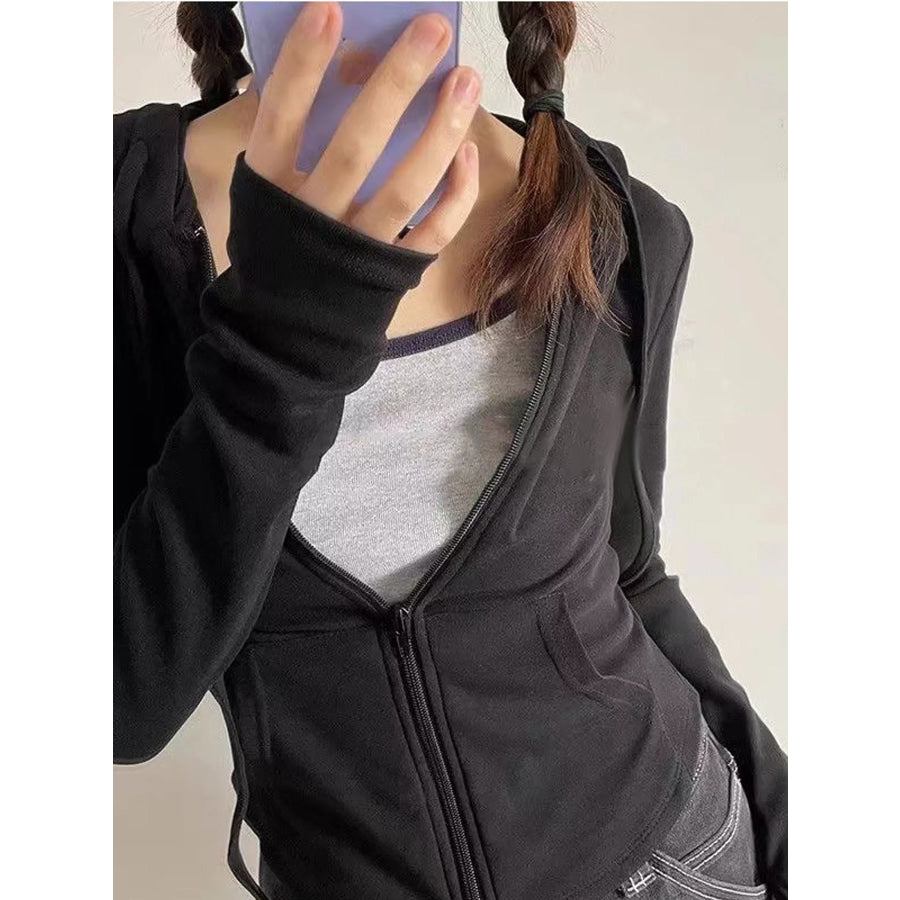 Drawstring Zip-Up Slim Fit Hoodie Black / M Apparel and Accessories