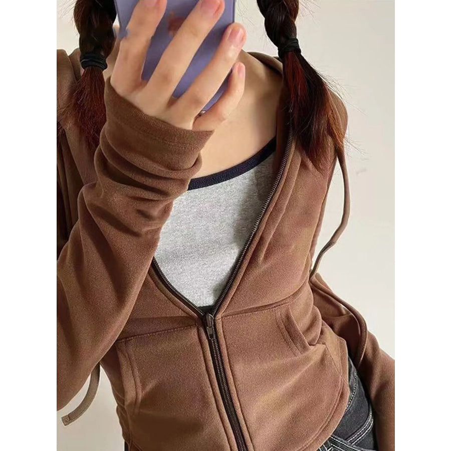 Drawstring Zip-Up Slim Fit Hoodie Coffee / M Apparel and Accessories
