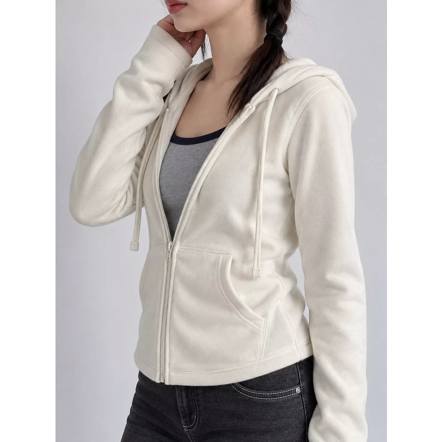 Drawstring Zip-Up Slim Fit Hoodie White / M Apparel and Accessories