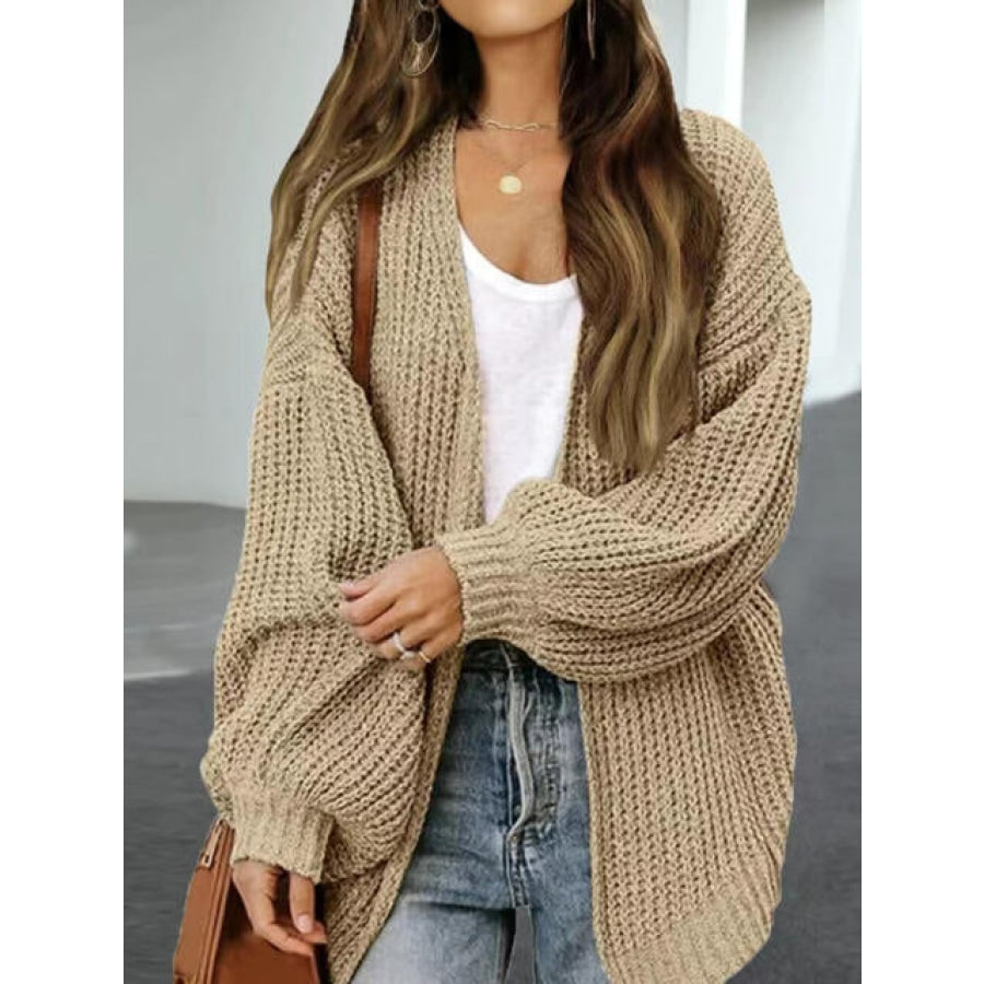 Drop Shoulder Balloon Sleeve Cardigan Khaki / S Clothing