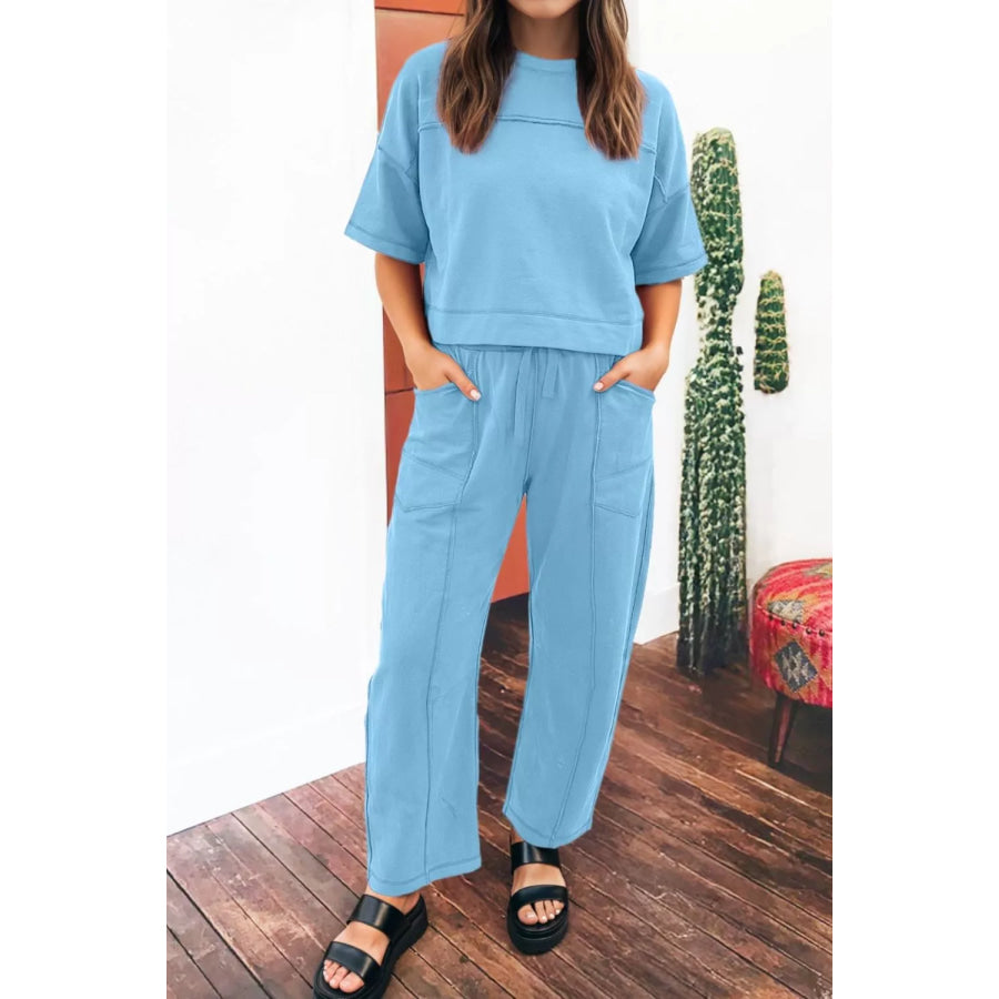 Drop Shoulder Boxy Tee and Barrel Pants Set Cerulean / S Apparel and Accessories