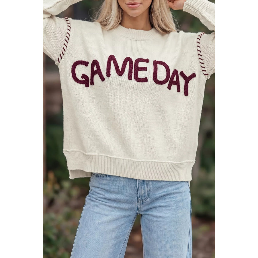 Drop Shoulder Game Day Letter Sweater White / S Apparel and Accessories
