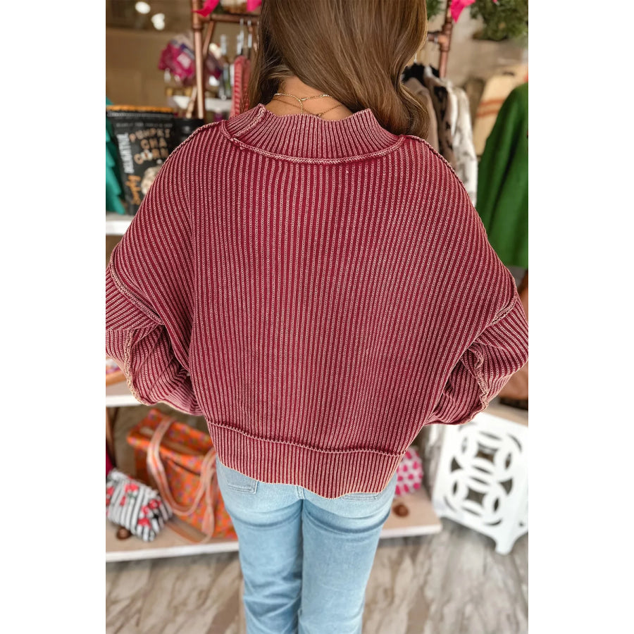 Drop Shoulder High Neck Ribbed Sweater Apparel and Accessories