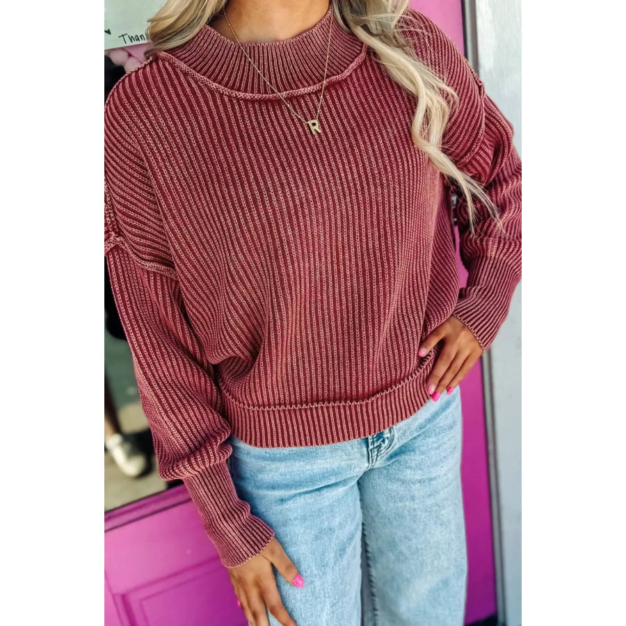 Drop Shoulder High Neck Ribbed Sweater Apparel and Accessories