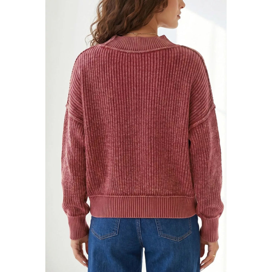 Drop Shoulder High Neck Ribbed Sweater Apparel and Accessories