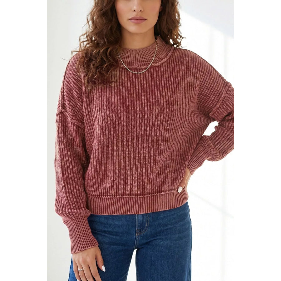 Drop Shoulder High Neck Ribbed Sweater Apparel and Accessories