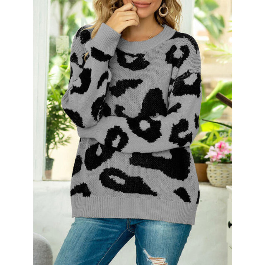 Drop Shoulder Leopard Pullover Sweater Clothing