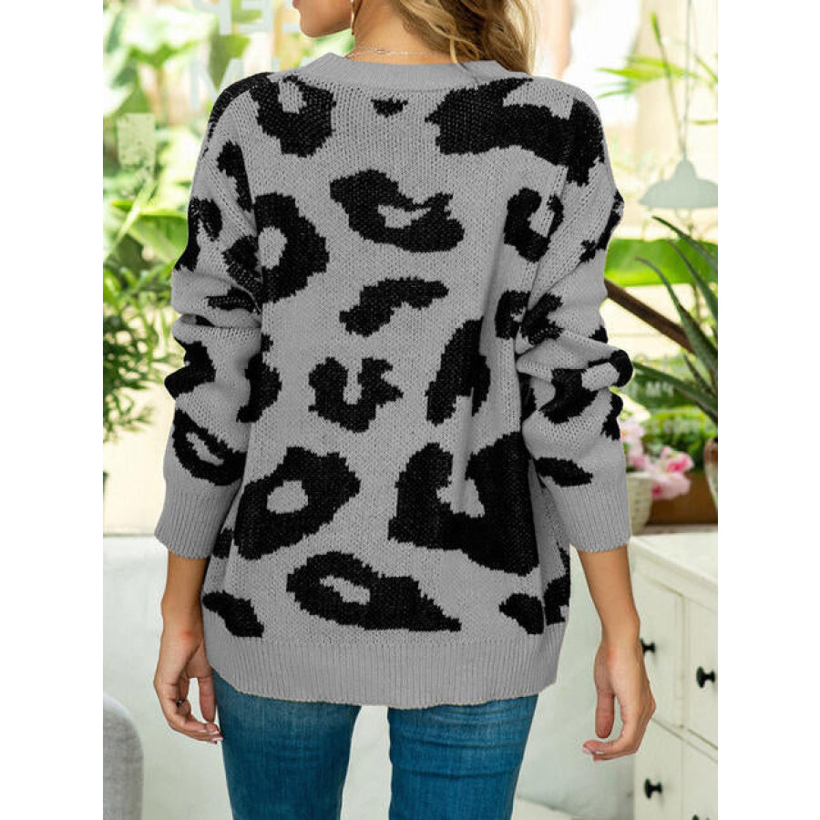 Drop Shoulder Leopard Pullover Sweater Heather Gray / S Clothing