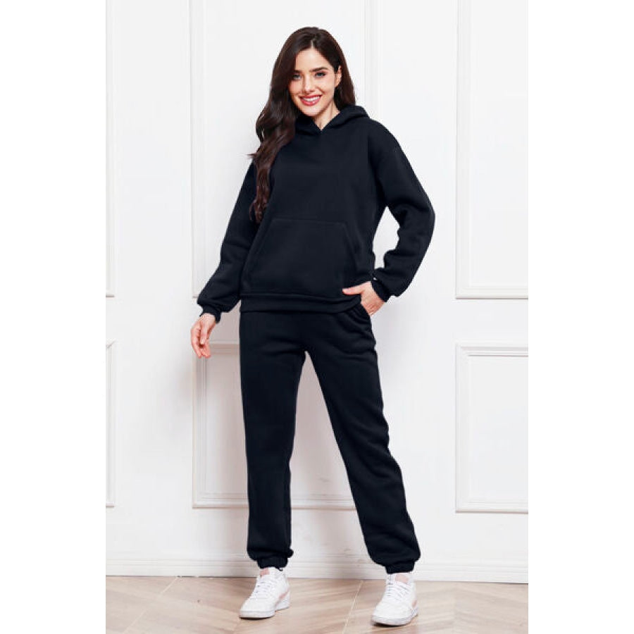 Drop Shoulder Long Sleeve Hoodie and Pants Set Black / S Clothing