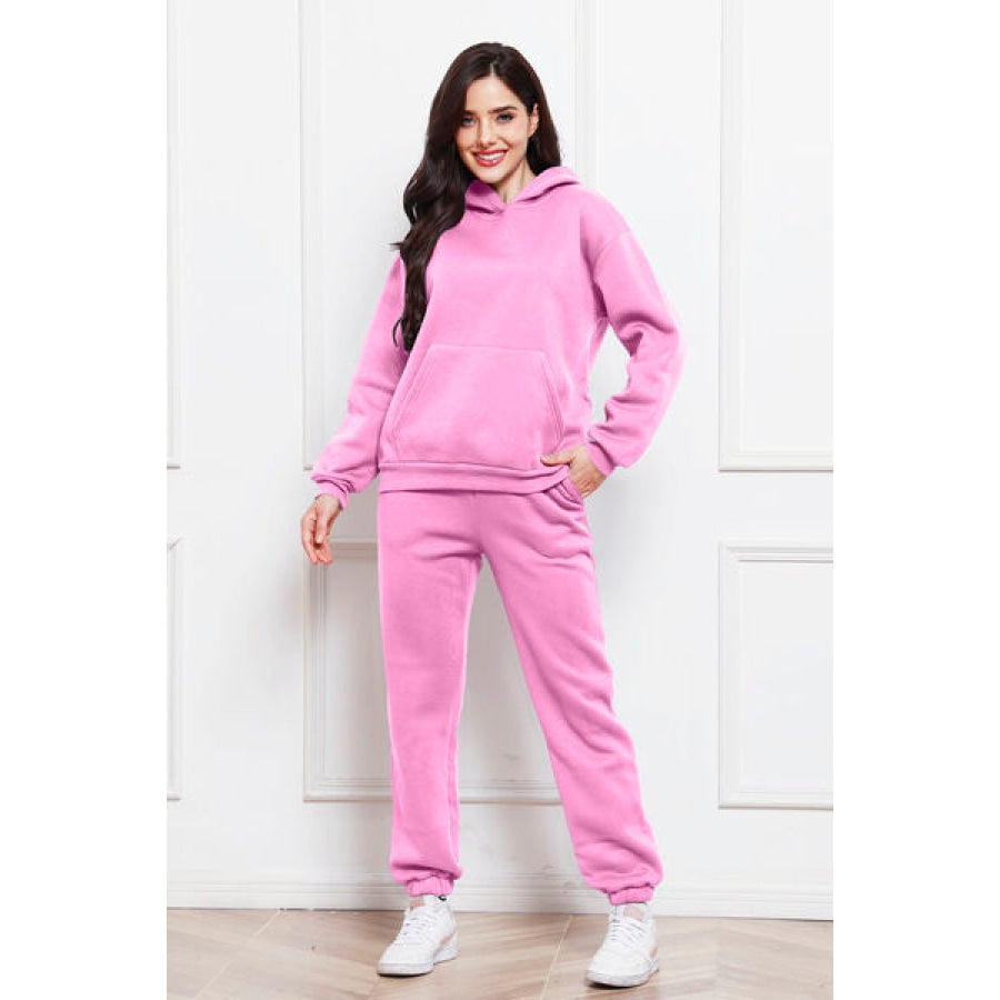 Drop Shoulder Long Sleeve Hoodie and Pants Set Carnation Pink / S Clothing