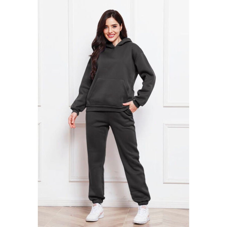 Drop Shoulder Long Sleeve Hoodie and Pants Set Charcoal / S Clothing