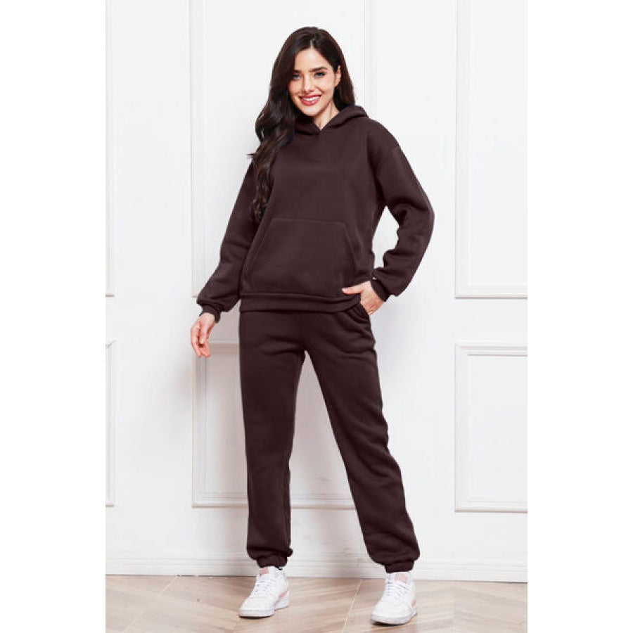 Drop Shoulder Long Sleeve Hoodie and Pants Set Chocolate / S Clothing