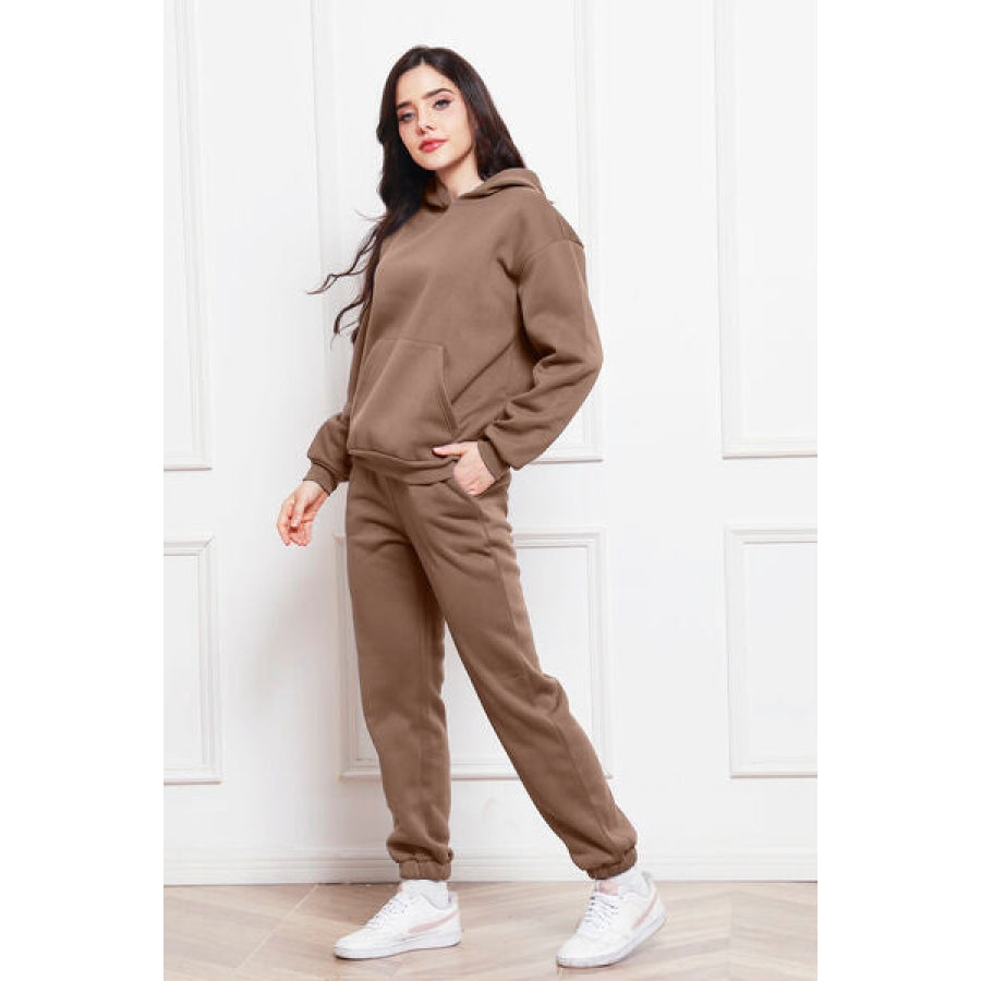 Drop Shoulder Long Sleeve Hoodie and Pants Set Clothing