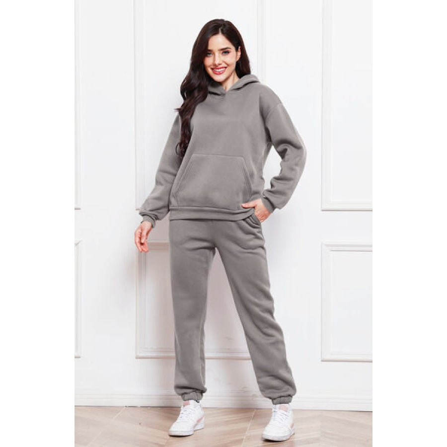 Drop Shoulder Long Sleeve Hoodie and Pants Set Heather Gray / S Clothing