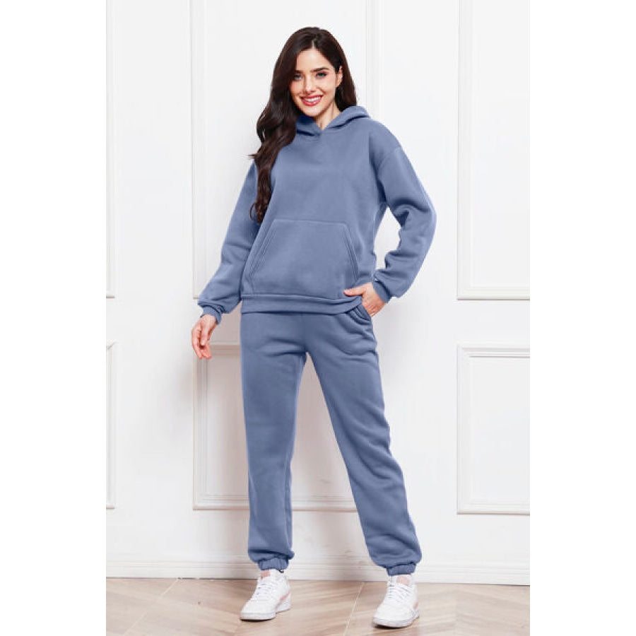 Drop Shoulder Long Sleeve Hoodie and Pants Set Misty Blue / S Clothing