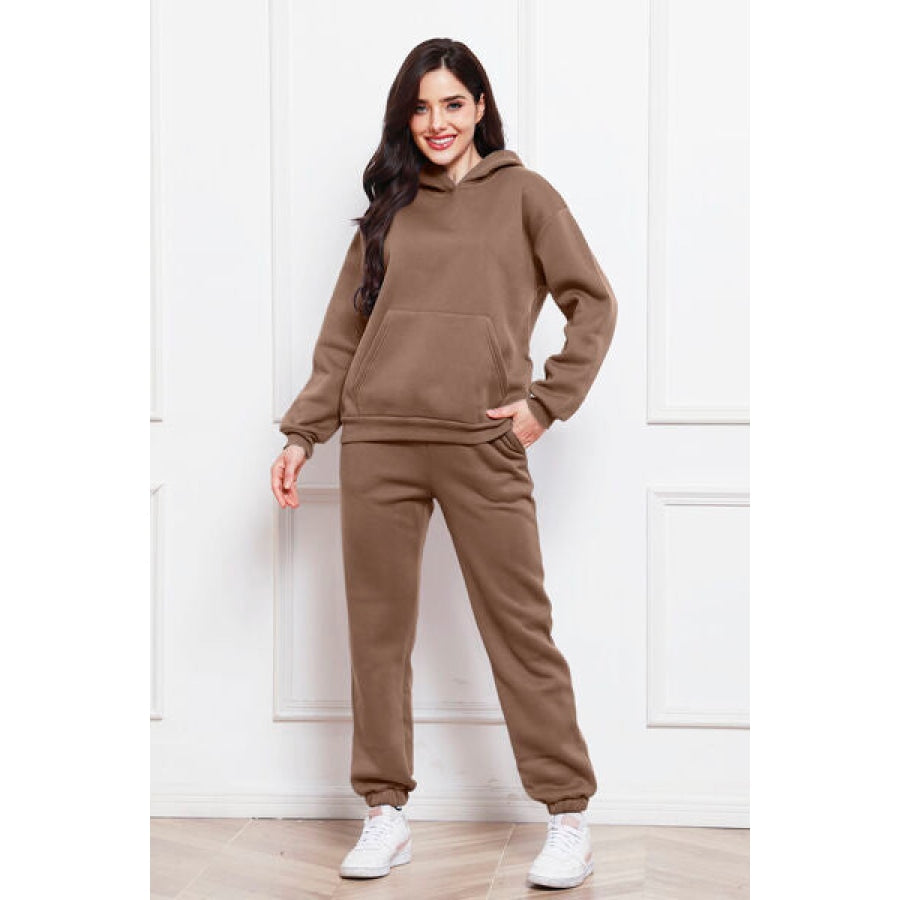 Drop Shoulder Long Sleeve Hoodie and Pants Set Taupe / S Clothing