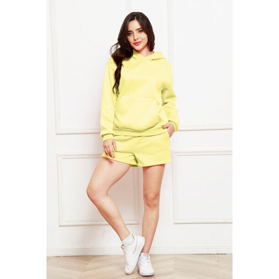 Drop Shoulder Long Sleeve Hoodie and Shorts Set Butter Yellow / S Clothing