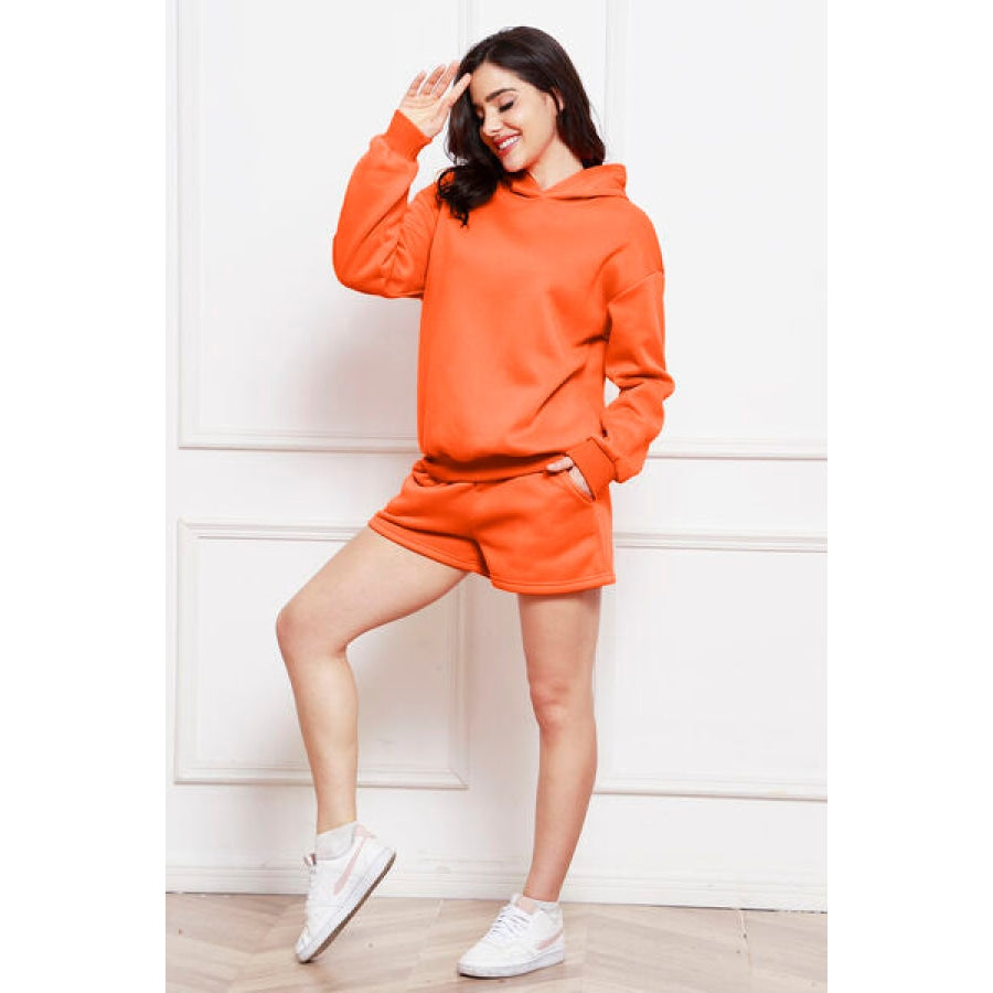 Drop Shoulder Long Sleeve Hoodie and Shorts Set Clothing