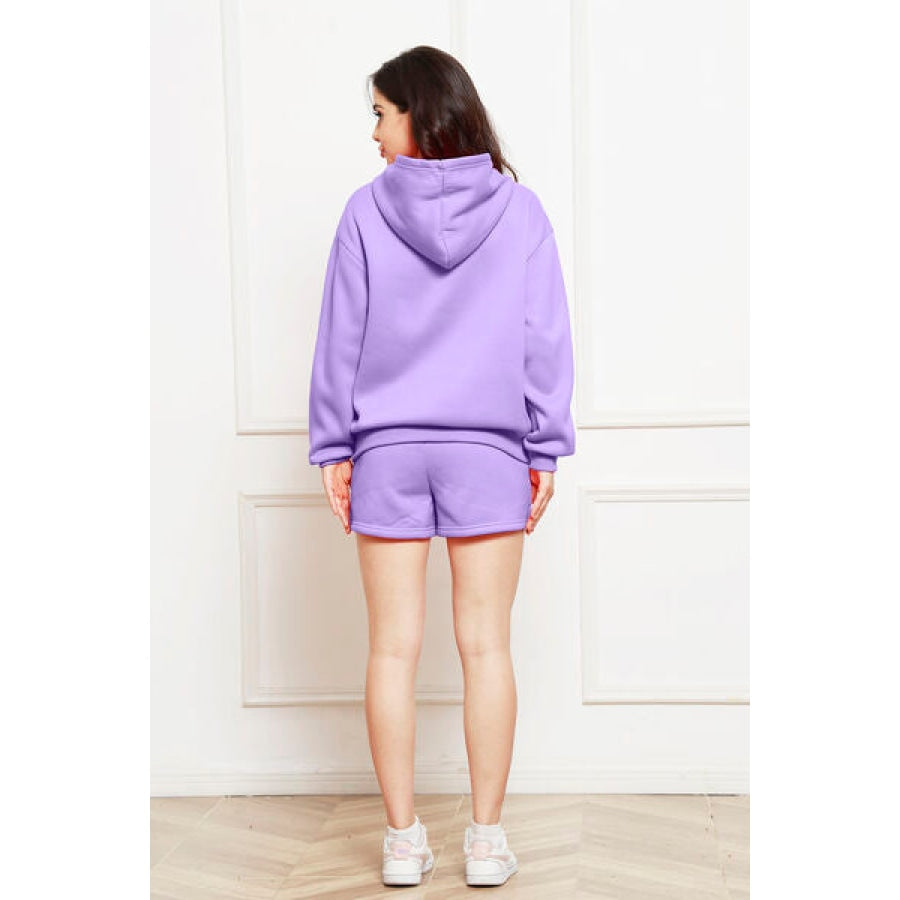 Drop Shoulder Long Sleeve Hoodie and Shorts Set Clothing