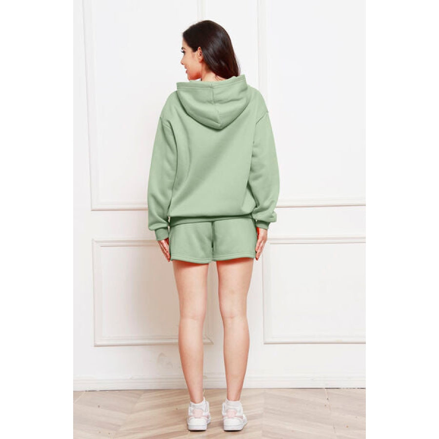 Drop Shoulder Long Sleeve Hoodie and Shorts Set Clothing