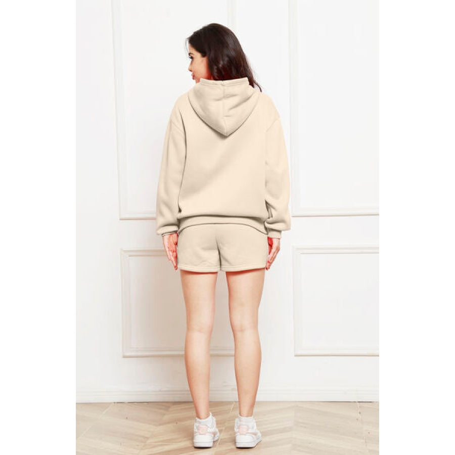 Drop Shoulder Long Sleeve Hoodie and Shorts Set Clothing