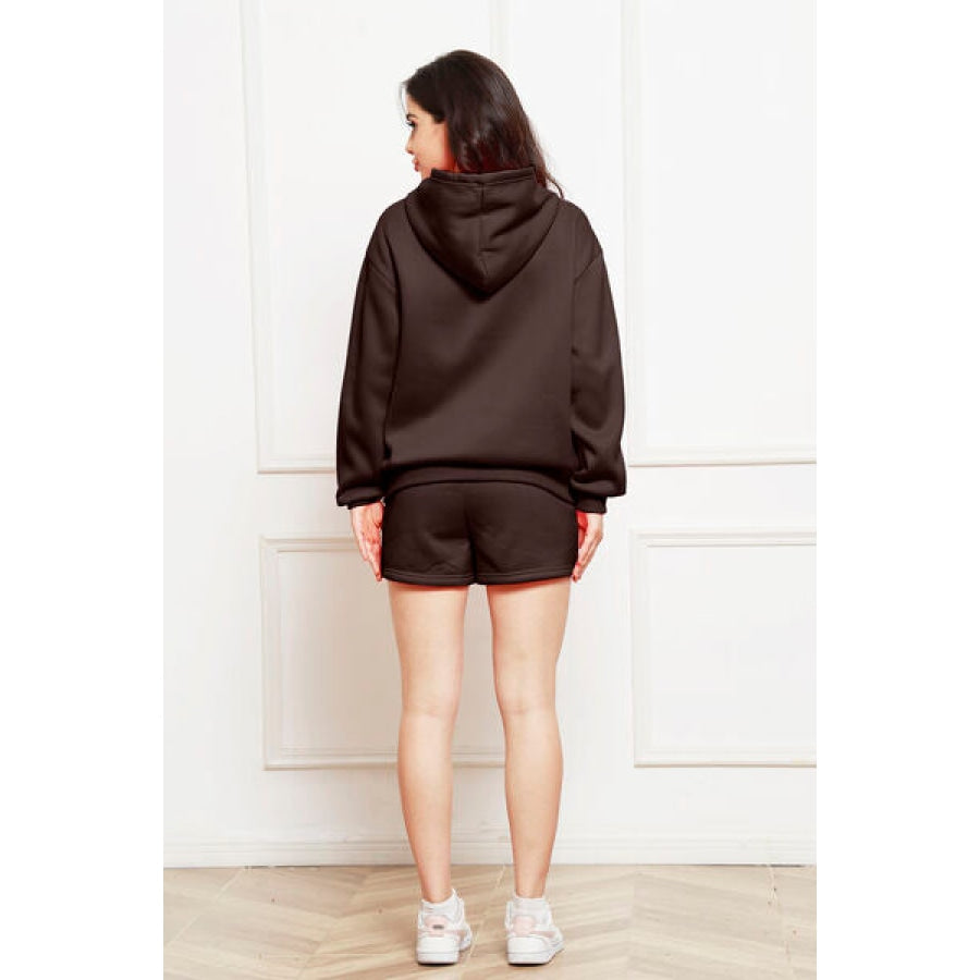 Drop Shoulder Long Sleeve Hoodie and Shorts Set Clothing