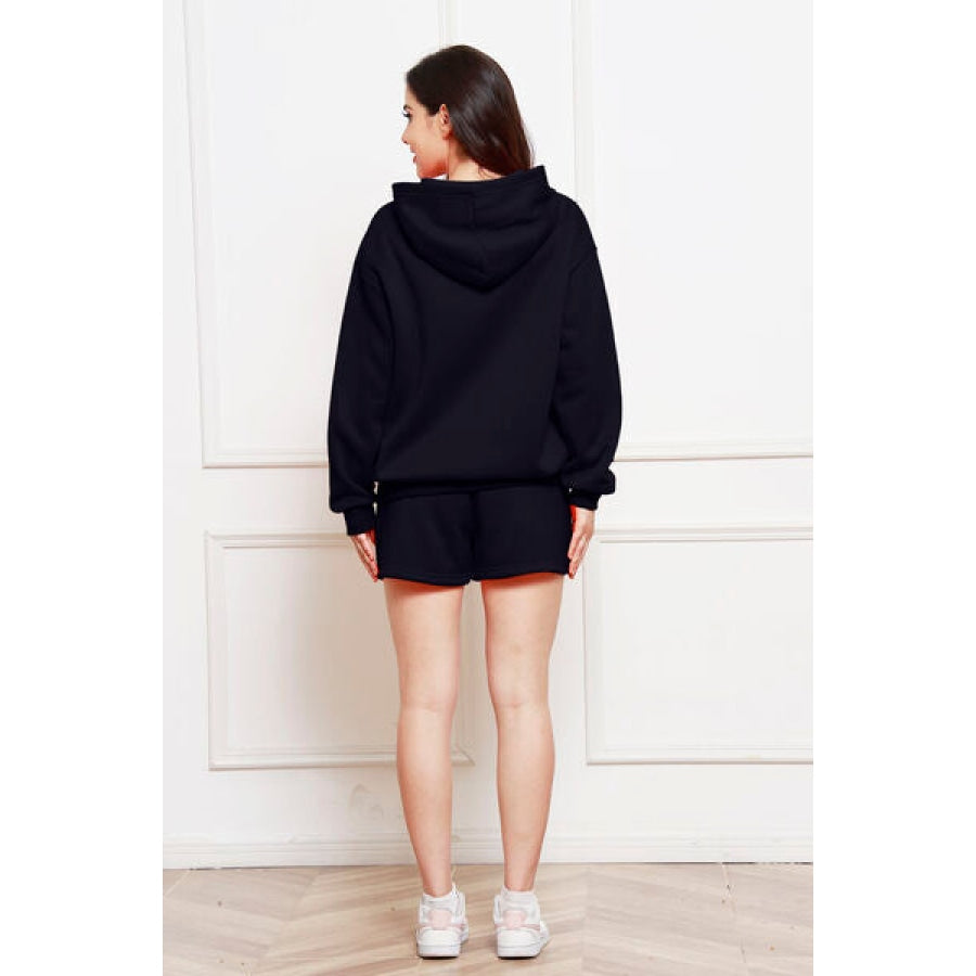 Drop Shoulder Long Sleeve Hoodie and Shorts Set Clothing