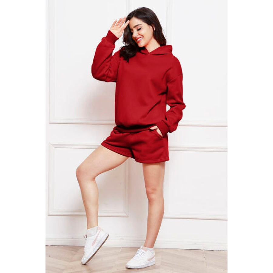 Drop Shoulder Long Sleeve Hoodie and Shorts Set Clothing