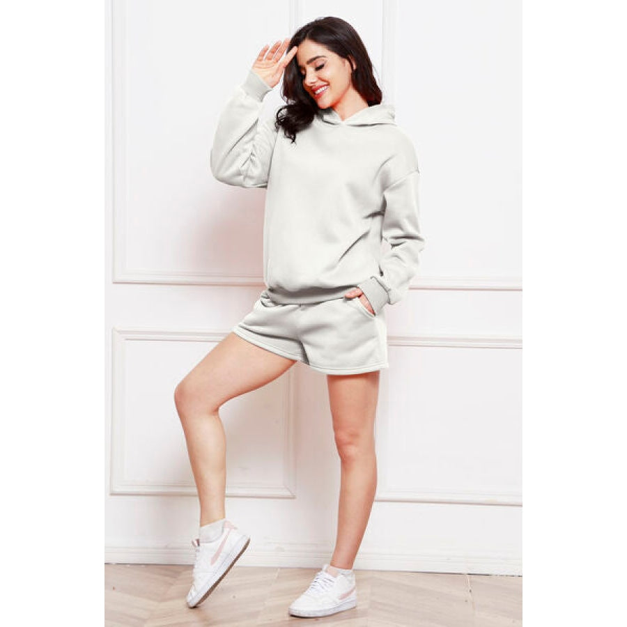 Drop Shoulder Long Sleeve Hoodie and Shorts Set Clothing