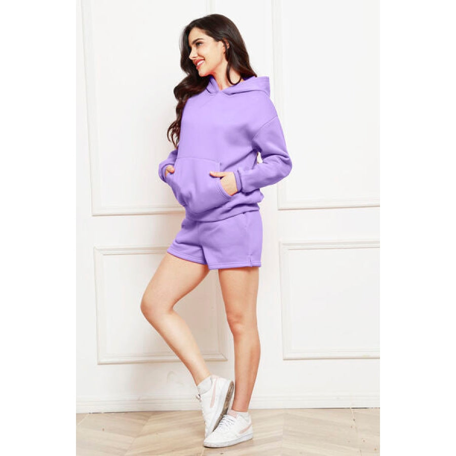 Drop Shoulder Long Sleeve Hoodie and Shorts Set Clothing