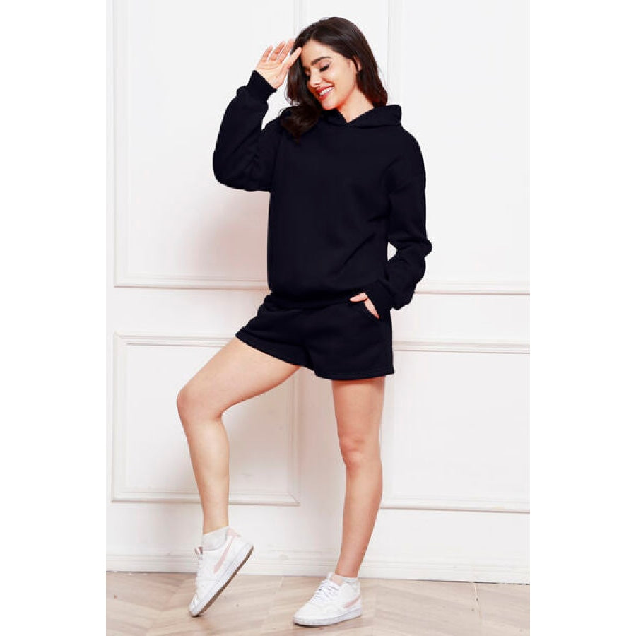 Drop Shoulder Long Sleeve Hoodie and Shorts Set Clothing