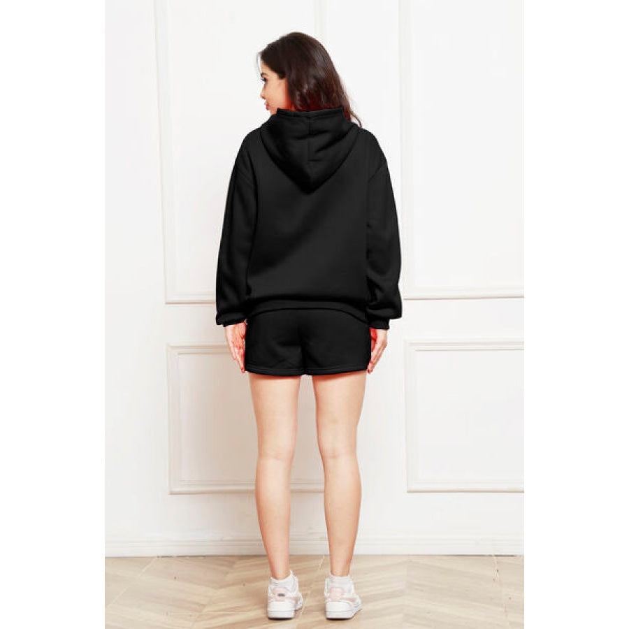 Drop Shoulder Long Sleeve Hoodie and Shorts Set Clothing