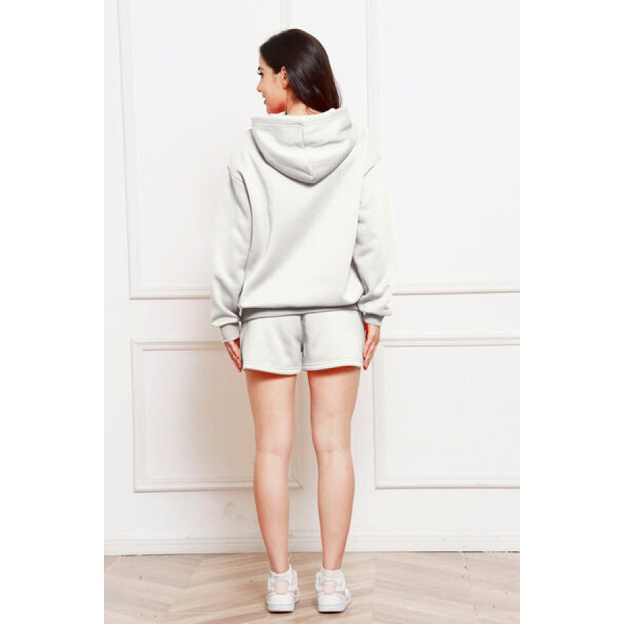 Drop Shoulder Long Sleeve Hoodie and Shorts Set Clothing