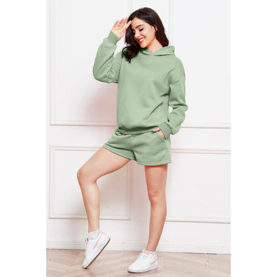 Drop Shoulder Long Sleeve Hoodie and Shorts Set Clothing