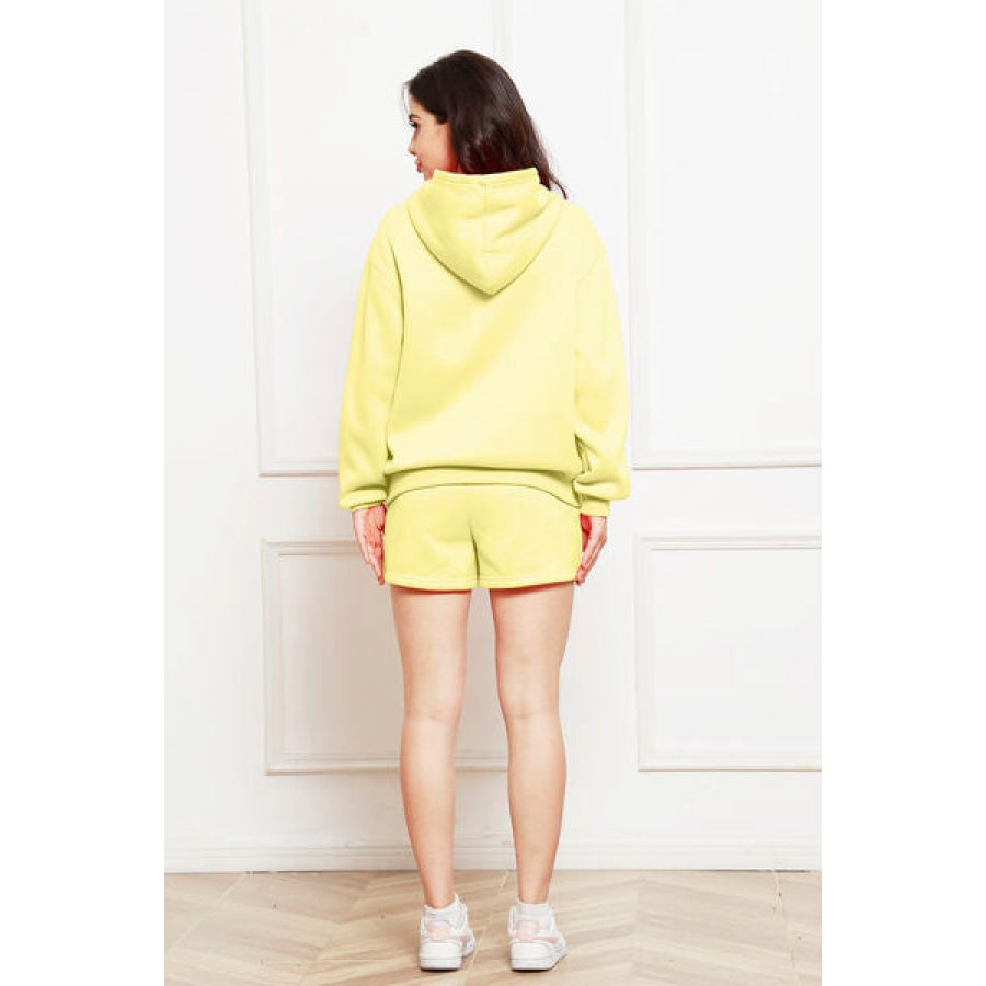 Drop Shoulder Long Sleeve Hoodie and Shorts Set Clothing