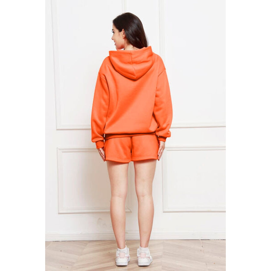 Drop Shoulder Long Sleeve Hoodie and Shorts Set Clothing