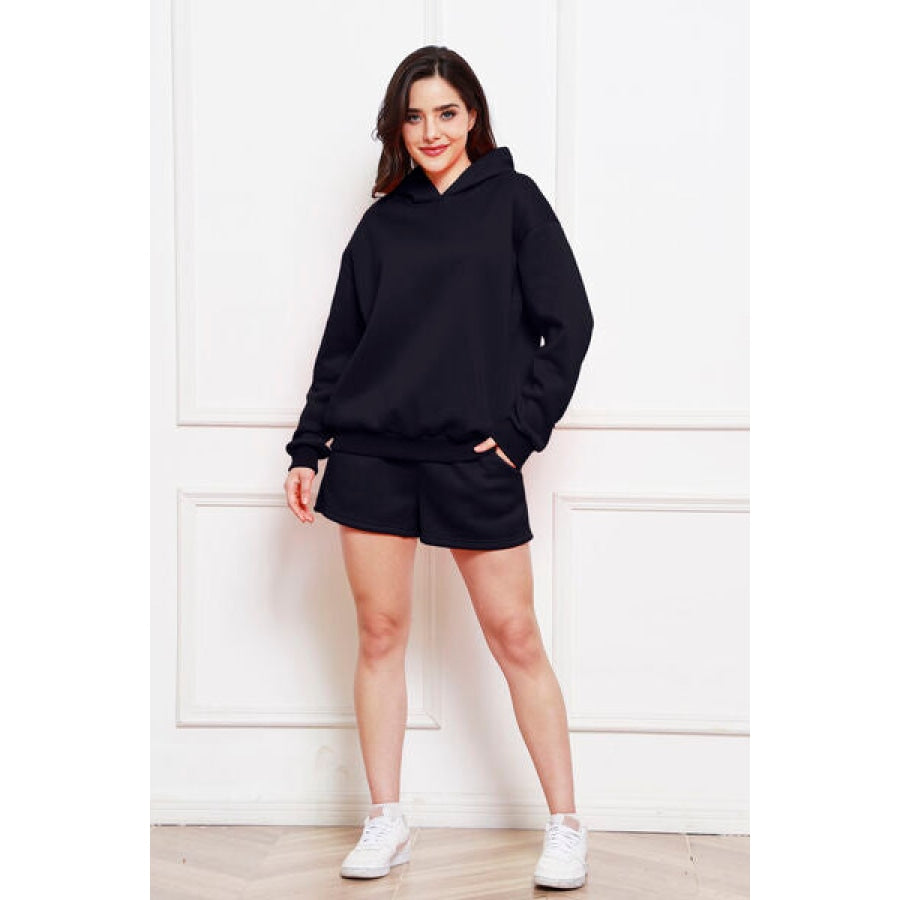 Drop Shoulder Long Sleeve Hoodie and Shorts Set Dark Navy / S Clothing