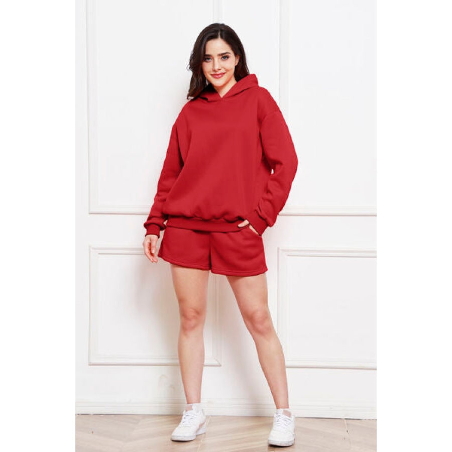 Drop Shoulder Long Sleeve Hoodie and Shorts Set Deep Red / S Clothing