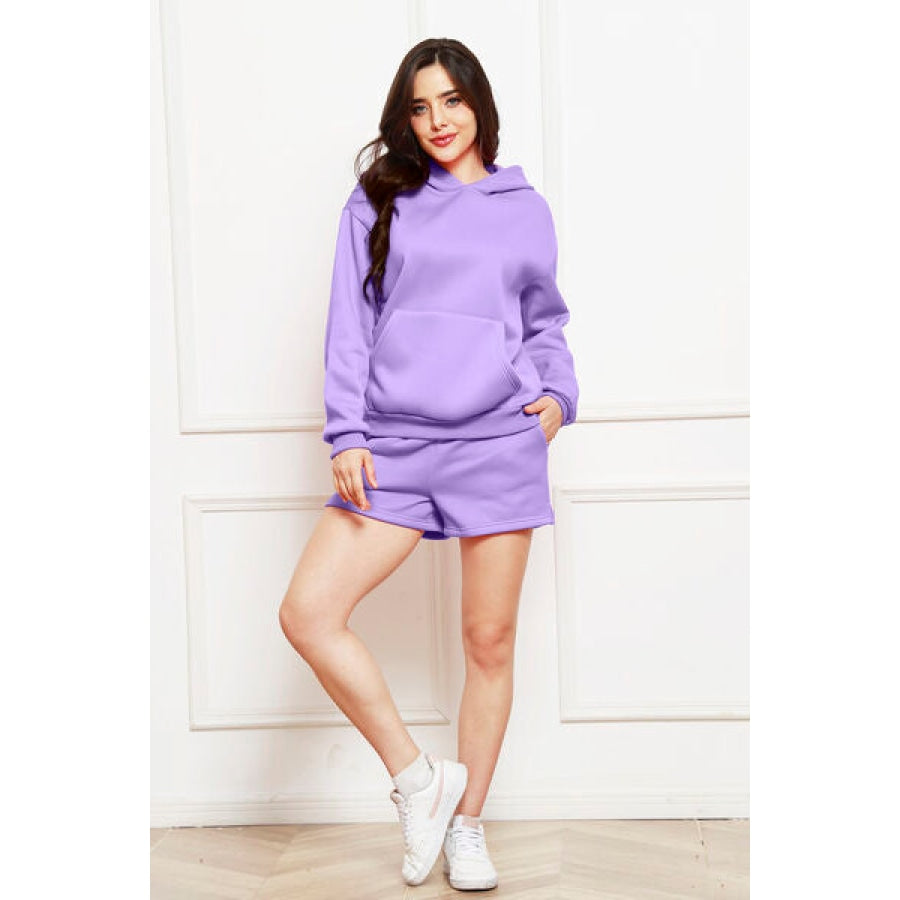 Drop Shoulder Long Sleeve Hoodie and Shorts Set Lavender / S Clothing