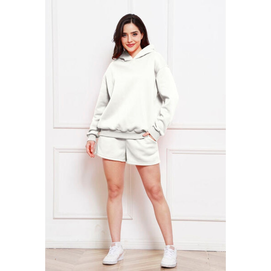 Drop Shoulder Long Sleeve Hoodie and Shorts Set Light Gray / S Clothing