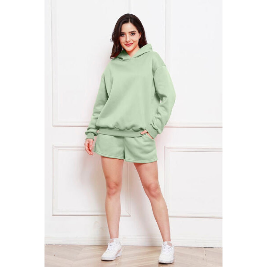 Drop Shoulder Long Sleeve Hoodie and Shorts Set Sage / S Clothing