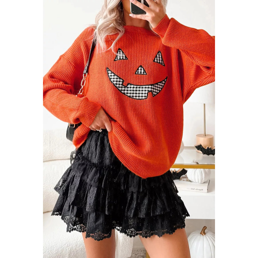 Drop Shoulder Long Sleeve Round Neck Halloween Sweater Apparel and Accessories