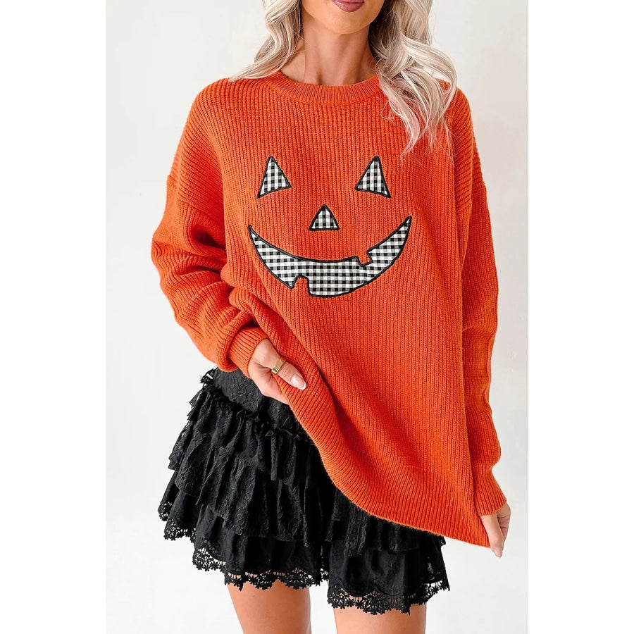 Drop Shoulder Long Sleeve Round Neck Halloween Sweater Orange / S Apparel and Accessories