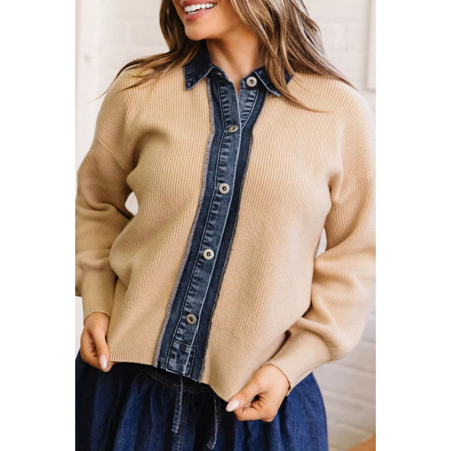 Drop Shoulder Placket Paneling Shirt Collar Long Sleeve Cardigan Apparel and Accessories