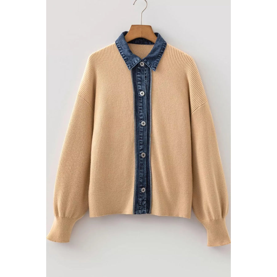 Drop Shoulder Placket Paneling Shirt Collar Long Sleeve Cardigan Apparel and Accessories