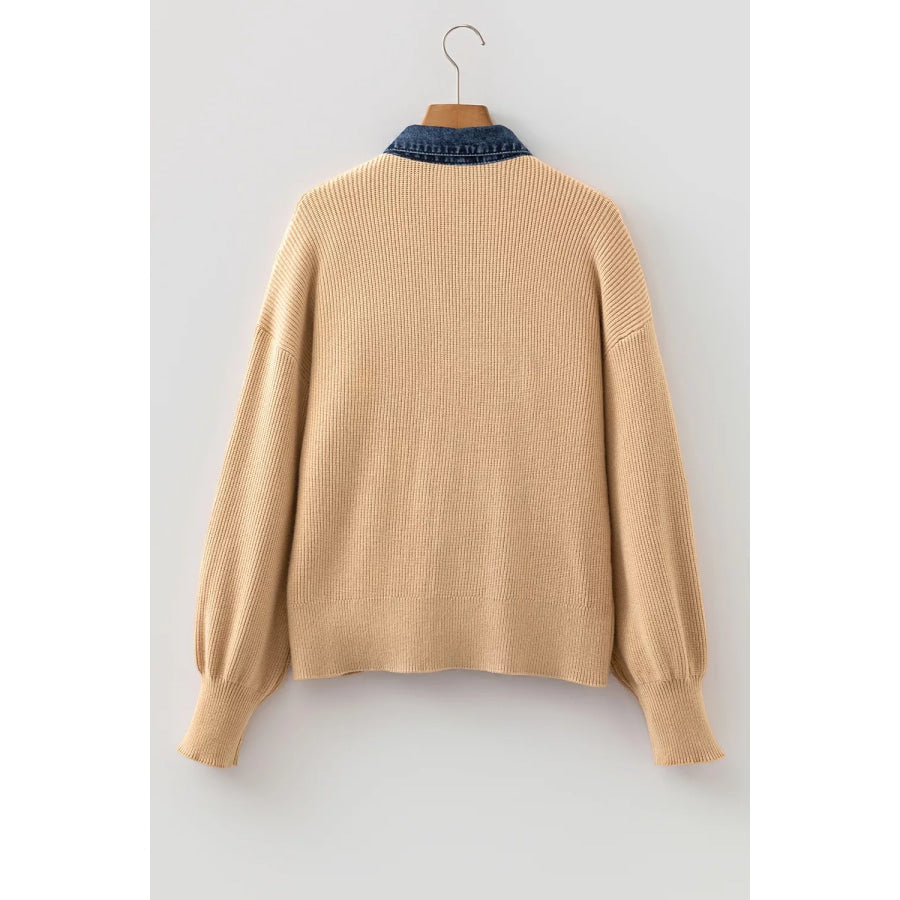 Drop Shoulder Placket Paneling Shirt Collar Long Sleeve Cardigan Apparel and Accessories